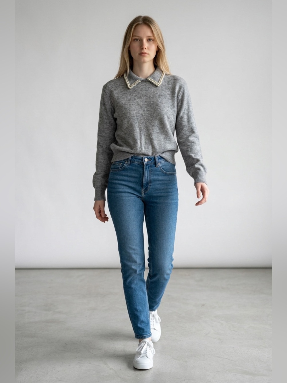 H&M Gray Crewneck Sweater with Embellished Collar